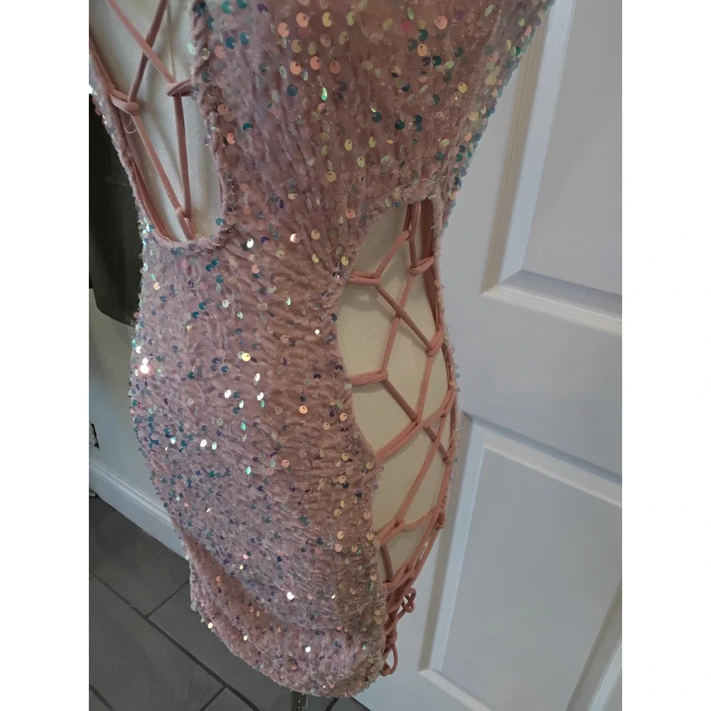 Pink Sequin Lace Up Cut Out Bodycon Mini Dress Club‎ Party